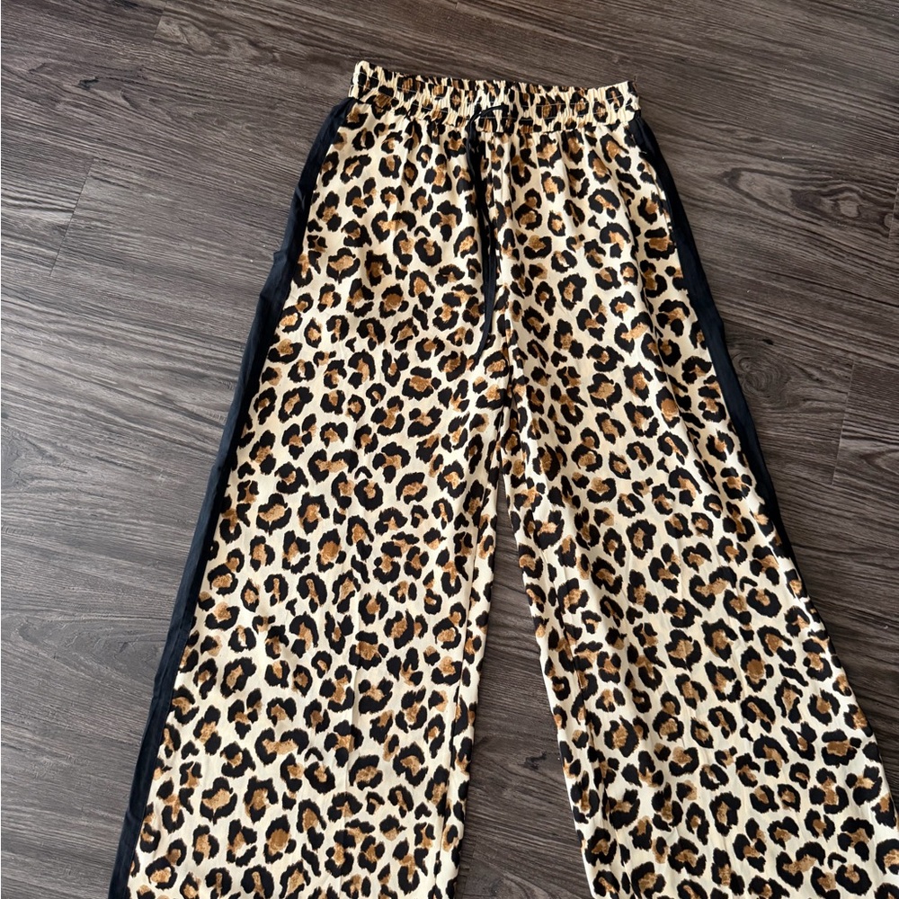 Umgee Leopard Print Wide Leg Pants with Black Side Stripes